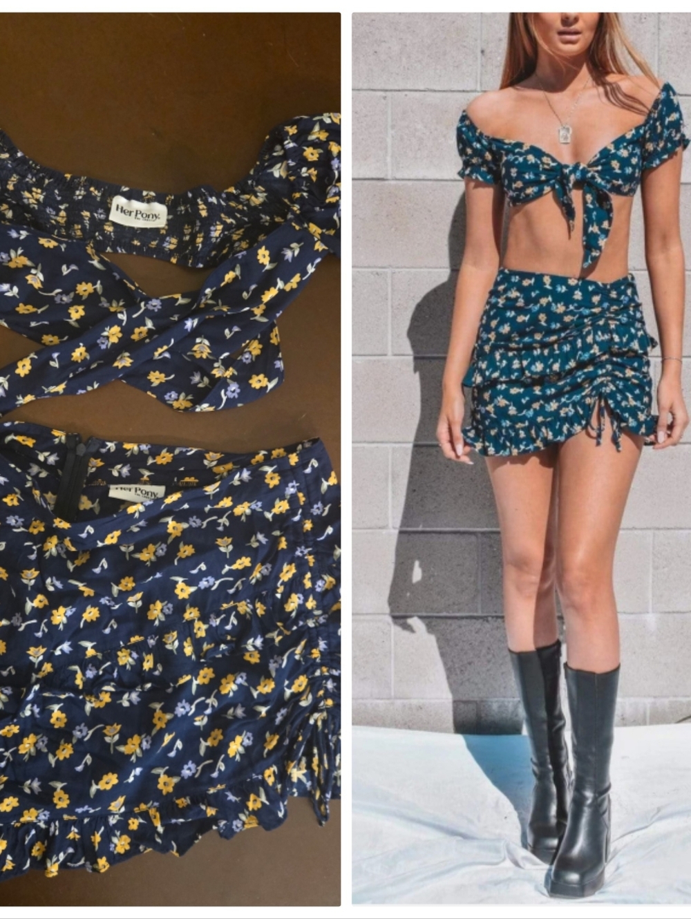 HER PONY The Label 2 Piece Phoebe Midnight Teal Floral Skirt Festival Dreamy XS